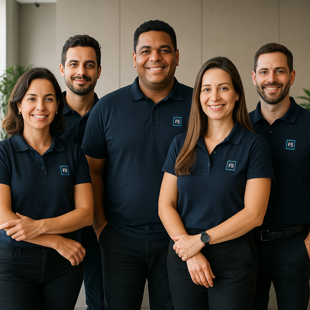 Equipe de 5 pessoas usando polo F5