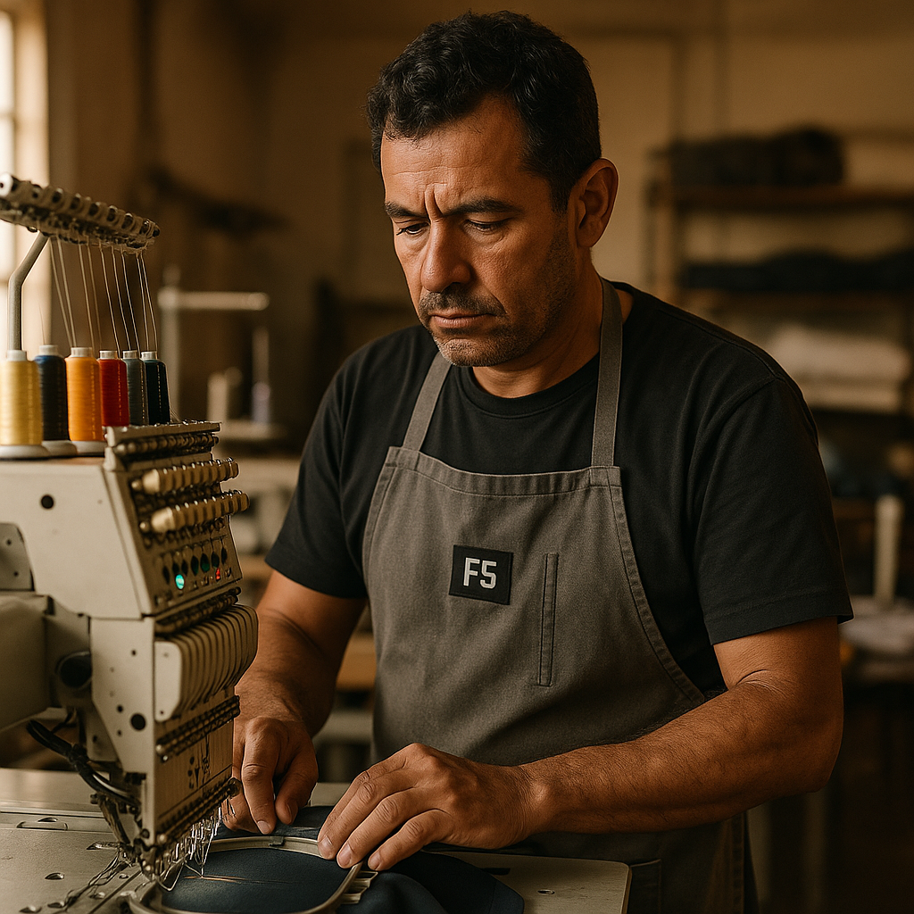 Operario na maquina de bordar com avental F5