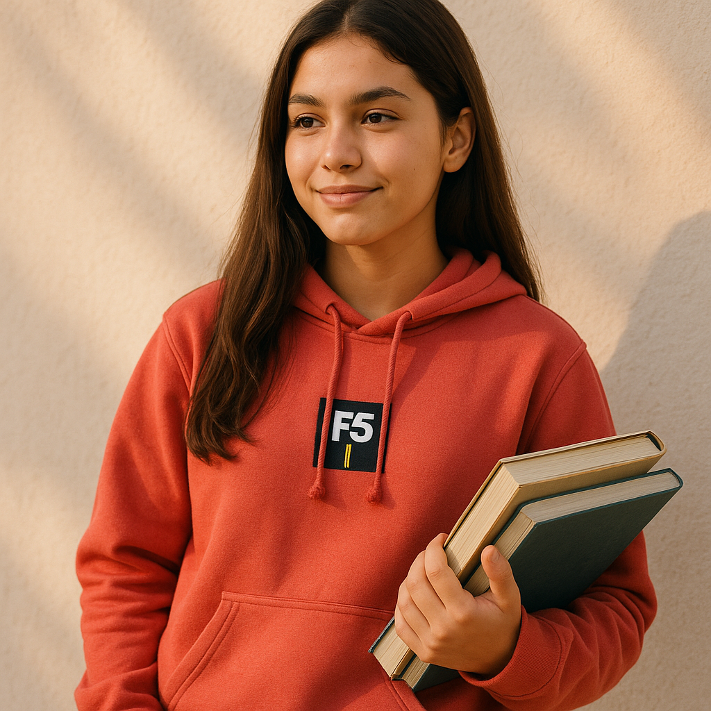 Modelo vestindo moletom F5 escolar