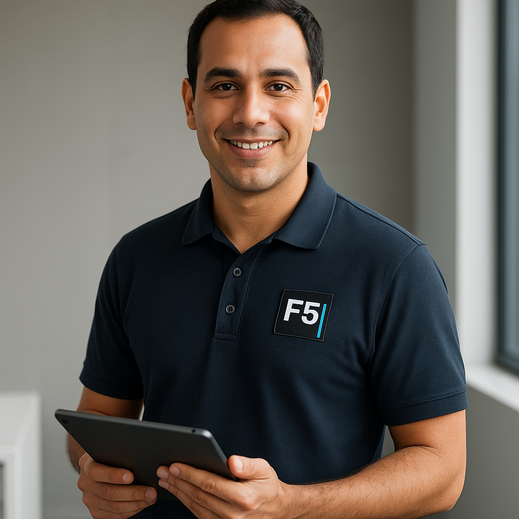 Modelo vestindo polo F5 corporativo